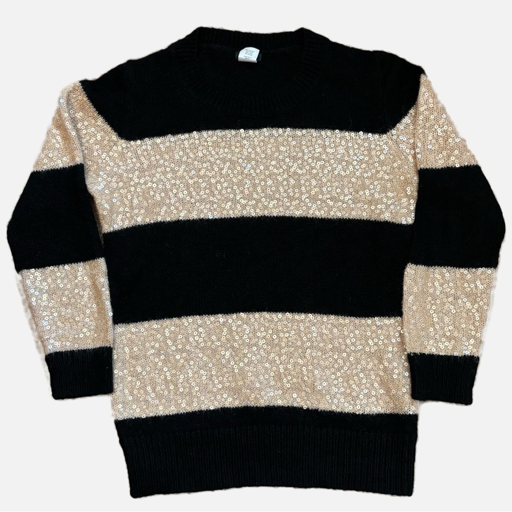 J. Crew Wynter Sequin Pullover Sweater Black Tan Stripe Crew Neck Small